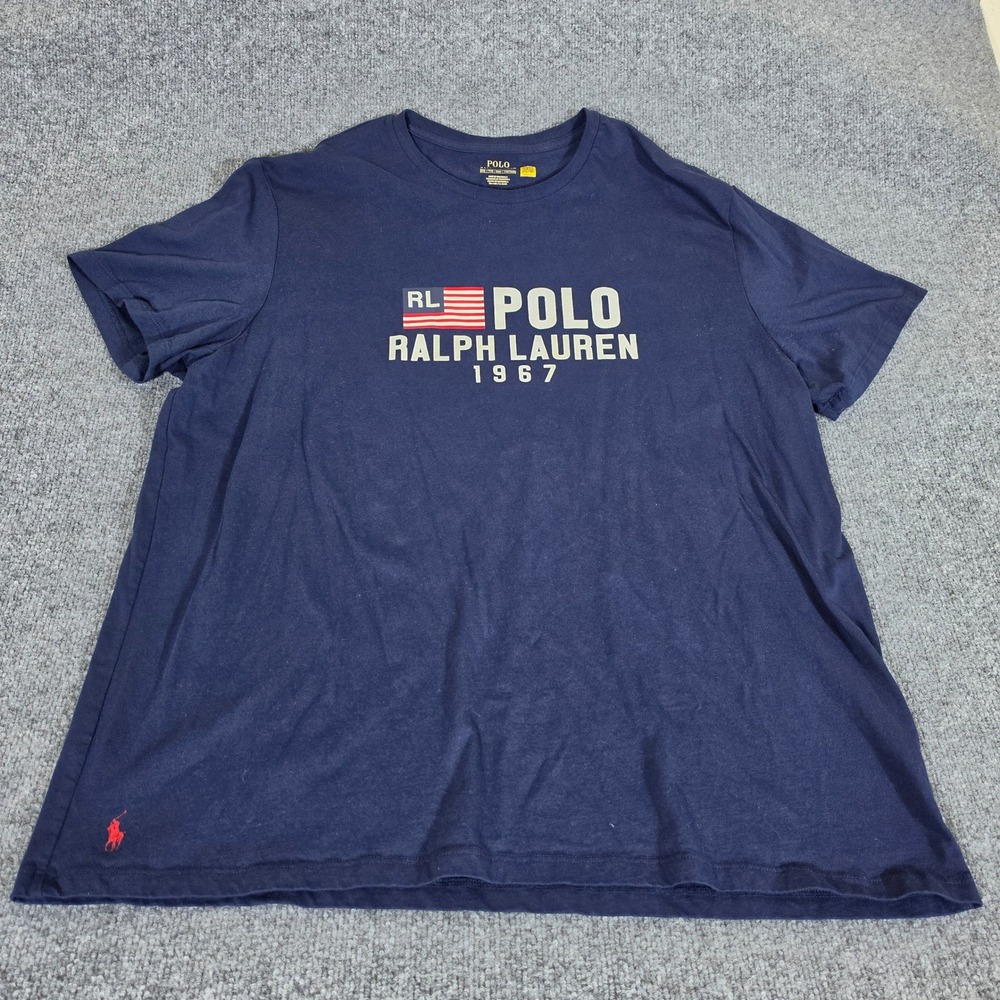 Polo Ralph Lauren Mens 2XL Navy Blue American Flag Graphic T-Shirt 1967 Pony